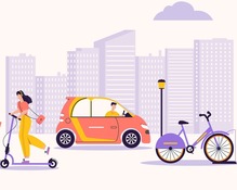 Person on a scooter, person in a car and a bicycle on a city street