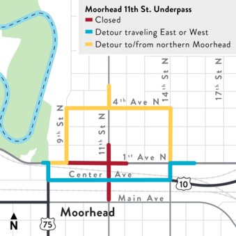 Detour map for Stage 1A of the 11th Street underpass 