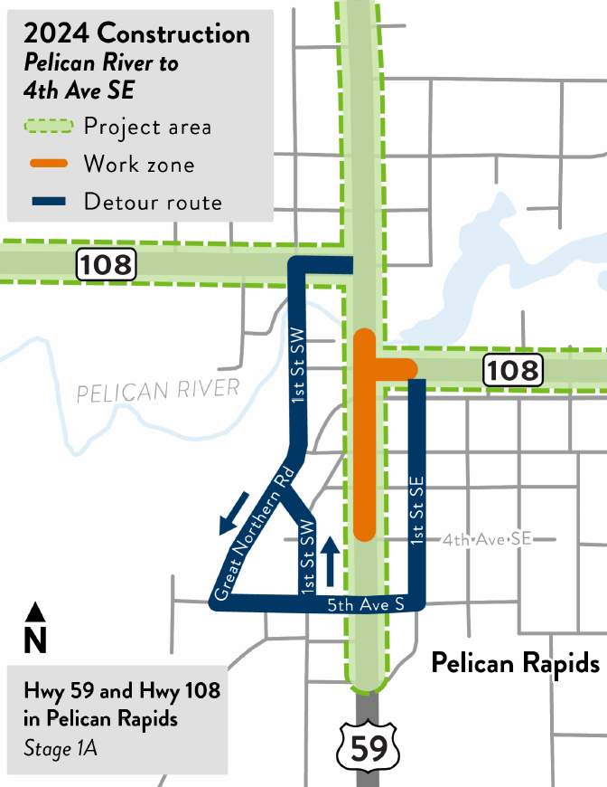 In-town detour for Stage 1A Pelican Rapids