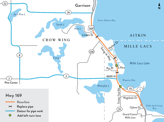 Detour map for Hwy 169 south of Garrison
