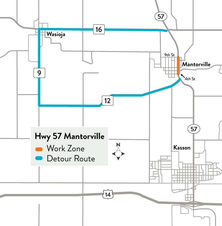 Map showing detour route. Travel west from Highway 57 on Dodge County Road 12 to Dodge County Road 9 north to Dodge County Road 16 east.