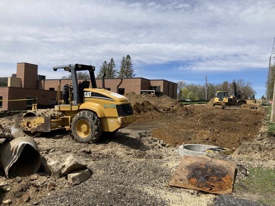 Photo of construction equipment and excavators at work on Highway 57 in Mantorville on May 1, 2024.