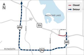 Westbound Highway 55 closure from Highway 169 to Revere Lane North map with detour of southbound Hwy 169 to westbound I-394 to northbound I-494