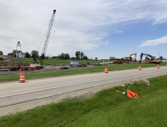 Photo of construction equipment at the Highway 105 bridge over Interstate 90 in Austin, Minnesota.