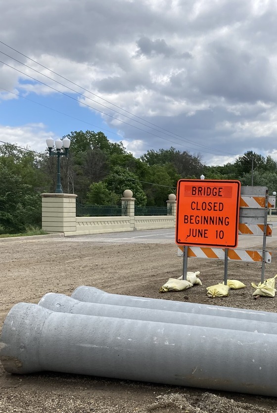 Photo with Bridge Closed sign on Highway 57 in Mantorville, Minnesota.