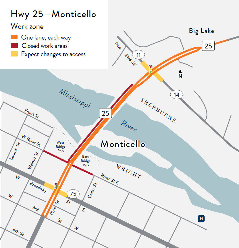 Work zone map for Hwy 25 Monticello