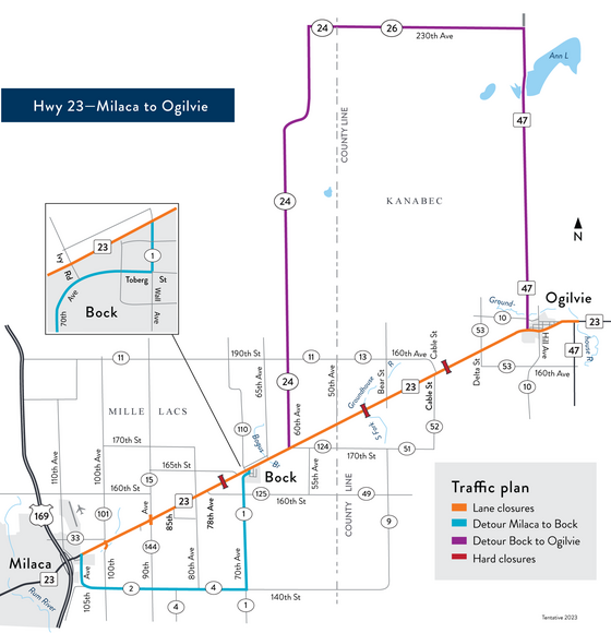 Workzone map for Hwy 23 with detours