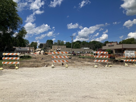 Photo of Highway 57 construction zone in Mantorville, Minnesota, showing barricades restricting traffic.