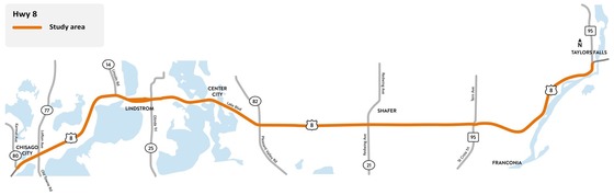 Highway 8/Lake Boulevard from Karmel Avenue in Chisago City to Taylors Falls in Chisago County study area map