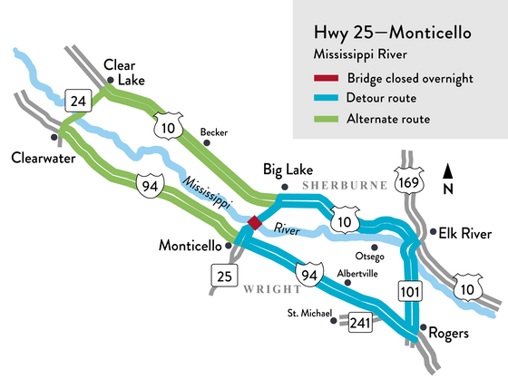 Hwy 25 Mississippi River crossing detour map