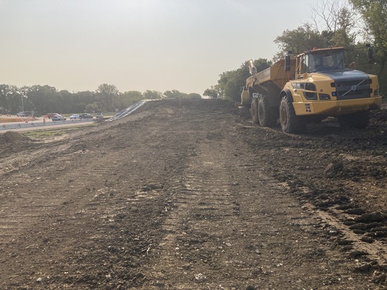 Photo of construction dump truck on the Highway 52 flyover ramp location southeast of Rochester.