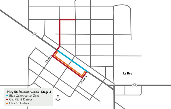 Map showing Highway 56 detour in LeRoy, Minnesota for Stage 3 of the construction project using Mather and Everett streets.
