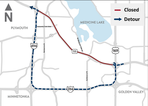 Westbound Highway 55 ten day closure and detour map