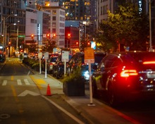 Traffic jam on city street at night