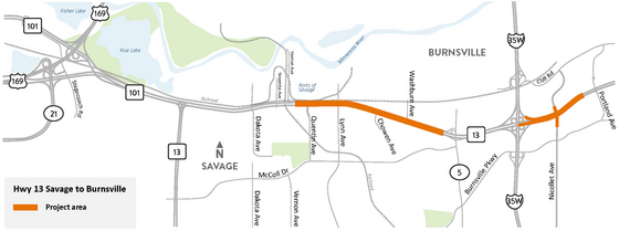 Highway 13 between Quentin Avenue in Savage and Nicollet Avenue in Burnsville project area map 