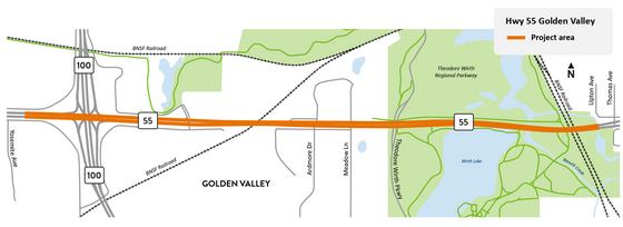 Highway 55 between Thomas Avenue in Minneapolis and Highway 100 in Golden Valley project area map