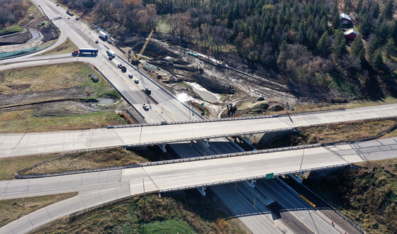 Aerial photo of the interchange at Interstate 90 and Highway 52 southeast of Rochester with construction equipment.