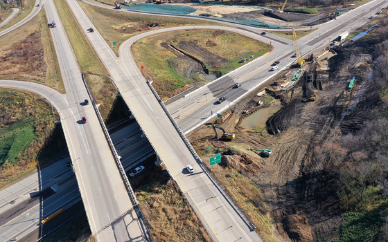 Aerial photo of Interstate 90 bridges over Highway 52 under construction southeast of Rochester.