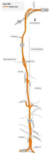 Highway 280 from I-94 in Saint Paul to Highway 36/I-35W in Roseville project area map