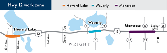 All three Hwy 12 work zones on map - Howard Lake, Waverly, Montrose