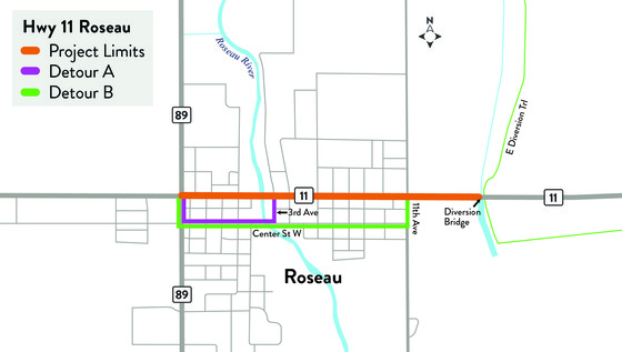 Hwy 11 Roseau project map