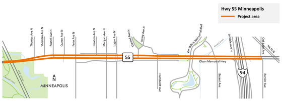 Olson Memorial Highway between Border Avenue/Oak Lake Avenue and the bridge west of Thomas Avenue in Minneapolis project area map
