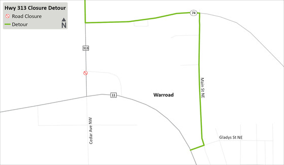 Highway 313 Warroad detour map
