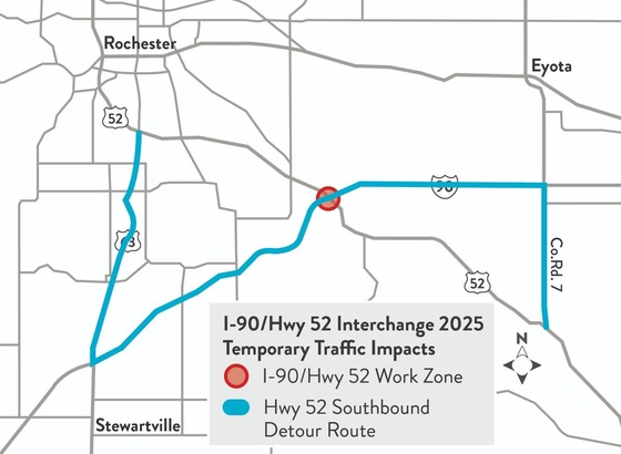 Map showing detour route for Highway 52 during the Interstate 90 bridge deck pour southeast of Rochester.