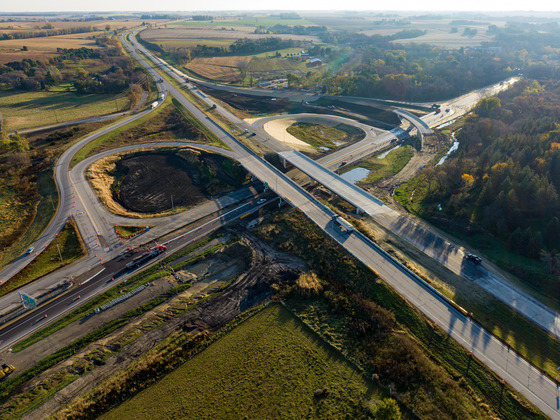 Aerial photo showing the Interstate 90 and Highway 52 interchange under construction southeast of Rochester.