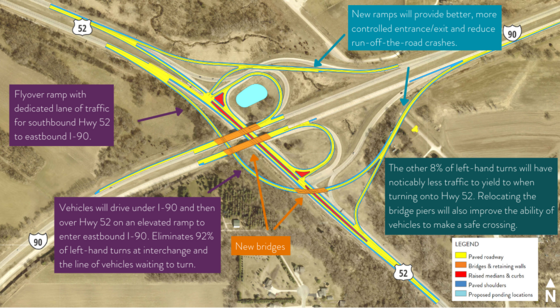 Map showing the planned improvements at Interstate 90 and Highway 52 southeast of Rochester, including new bridges and ramps.