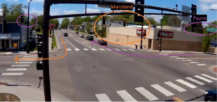 An urban intersection with crosswalks is annotated to illustrate right turns and pedestrian safety.
