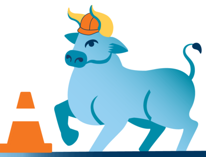 Babe the blue ox wearing a hard hat in a work zone.