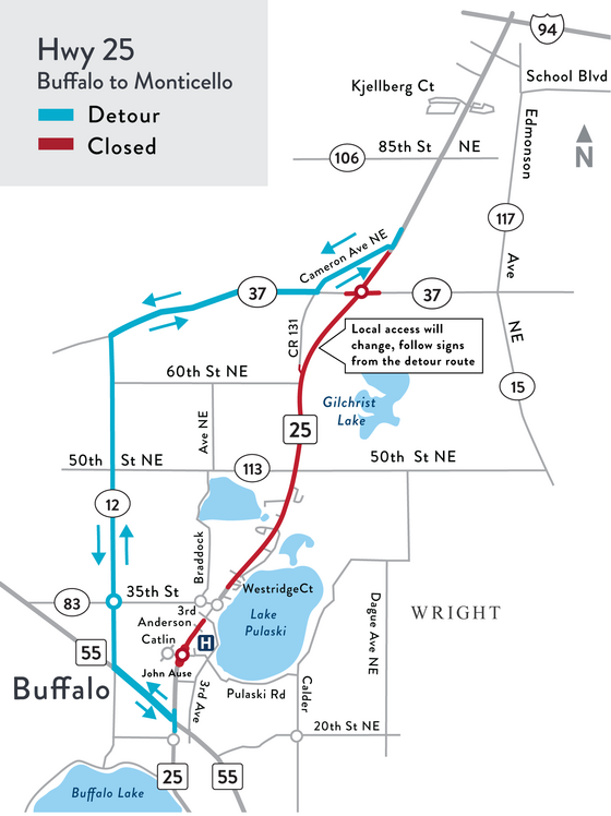 Hwy 25 detour map April 21-early July