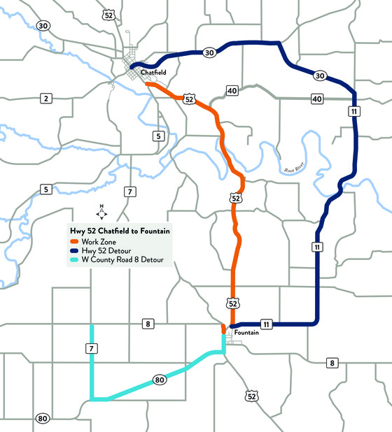 Hwy 52 project area and planned detour routes