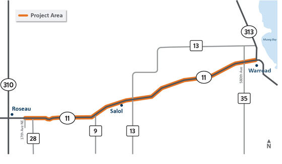 Highway 11 Roseau to Warroad project map