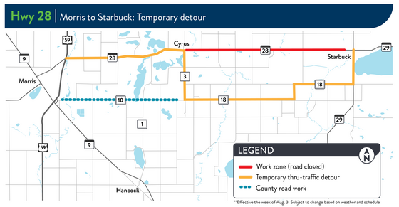 Temporary thru-traffic detour, effective the week of Aug. 3 during County Road 10 paving