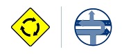 Roundabout sign and pictogram depicting circulations routes in a J-turn.