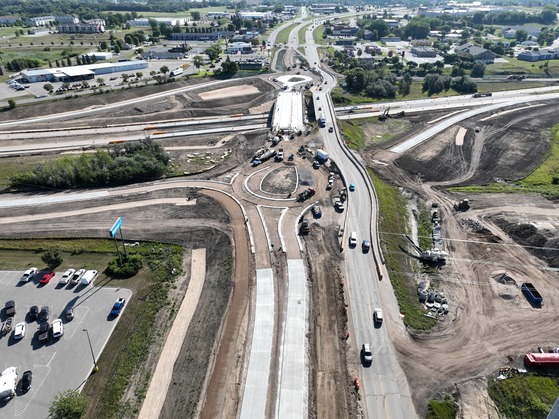 View of Highway 210 bridge and roundabouts looking east