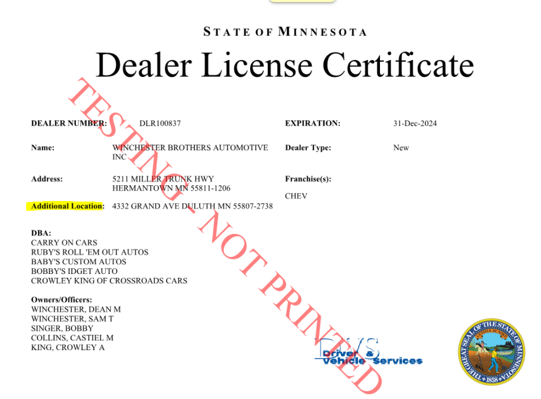 Dealer license certificate page 1