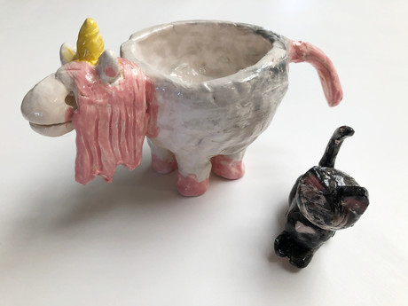 Clay Glazed Unicorn Bowl and Cat Figurine