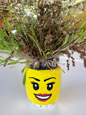 Lego figure inspired face painted on a ceramic planter holding a plant