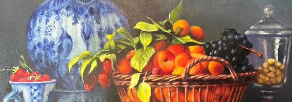 Oil painting on canvas of apricots and quinghua