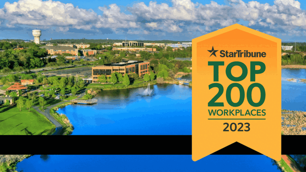 2023 Star Tribune Top Workplace logo with Eden Prairie horizon in the background