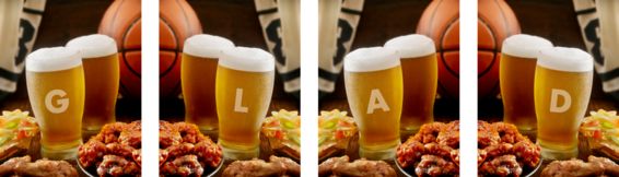 The letters G, L, A and D written on beer mugs with basketball in background
