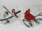 Four seasons fused glass project example, one featuring a red cardinal bird
