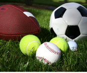 Various sports balls laid out in grass