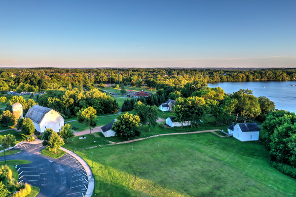 Aerial view of Riley Lake Park, featuring barn and Dorenkemper House