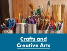 URL link: Crafts and creative arts featuring containers of colored pencils, markers and paint brushes