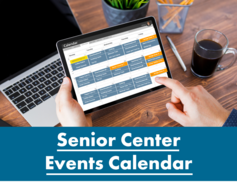 URL link: Person holding a device displaying the Senior Center Events Calendar