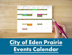 URL link: Person writing on a paper calendar displaying the City of Eden Prairie Events Calendar